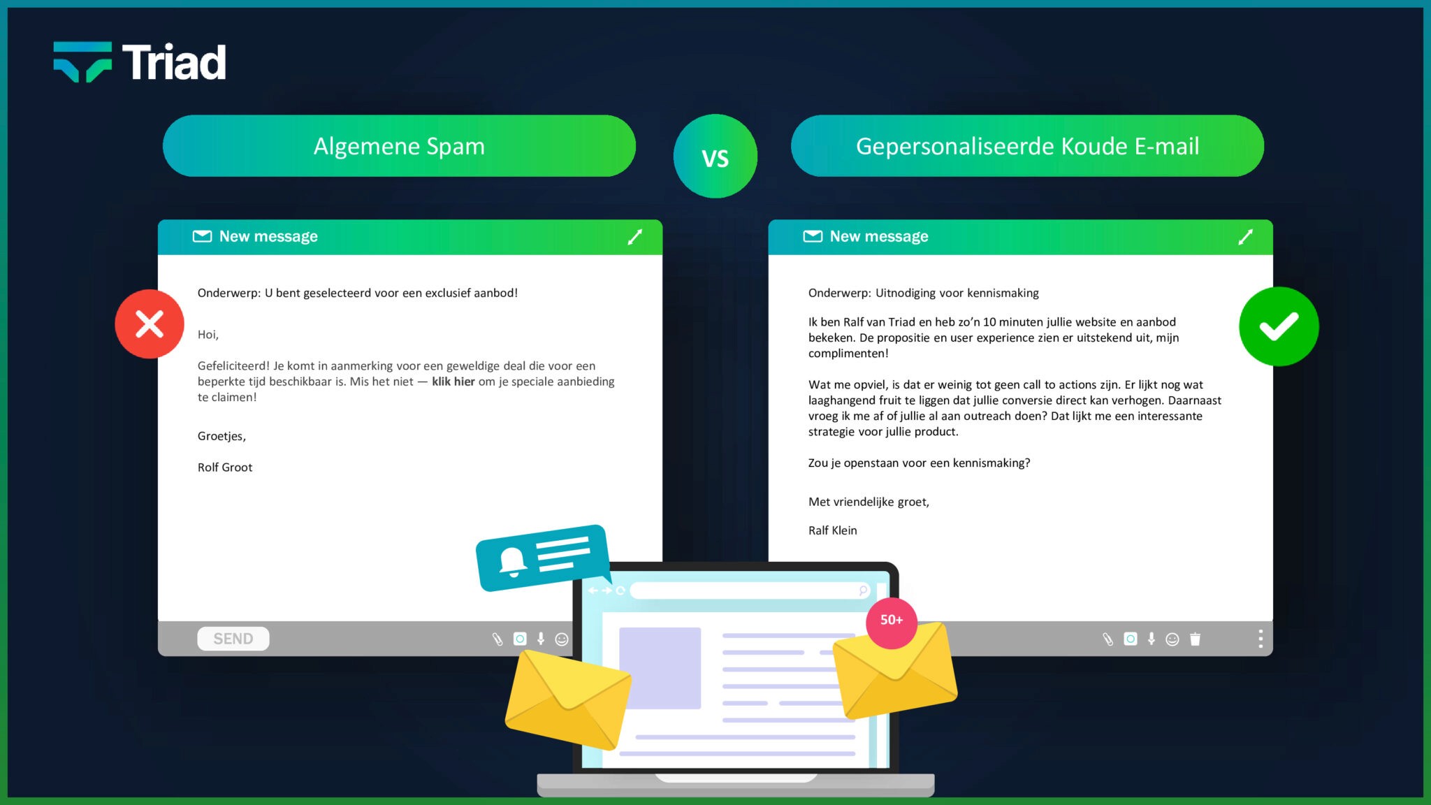 Visualizing the difference between cold email marketing and spam, with personalized emails vs. generic spam messages.